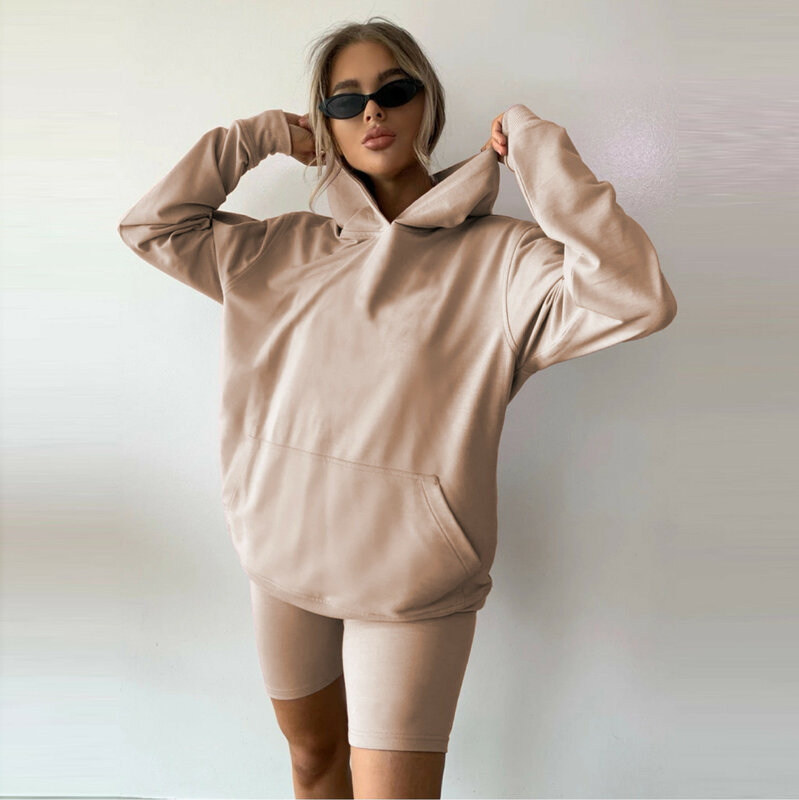 Celana Pendek Sweter Longgar Warna Murni Rumah Kasual Fashion Baru Pakaian Olahraga Dua Potong untuk Wanita
