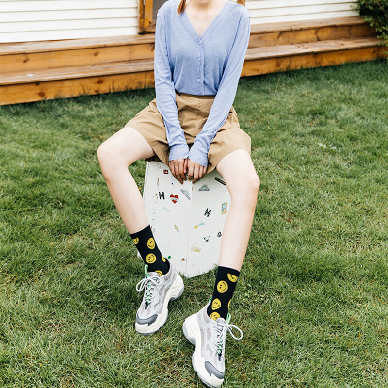 Smiley Drucken Nette Socken Korea Mode Frühling Herbst Baumwolle Kawaii Lächeln Gesicht 2022 Neue Männer Und Frauen Socken