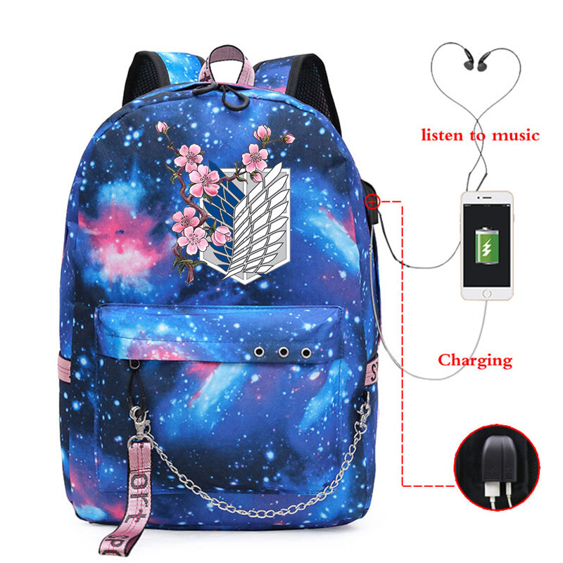 타이탄 학교 가방 공격 애니메이션 배낭 청소년 소녀 어린이 소년 어린이 학생 Usb 여행 노트북 배낭, 애니메이션 가방