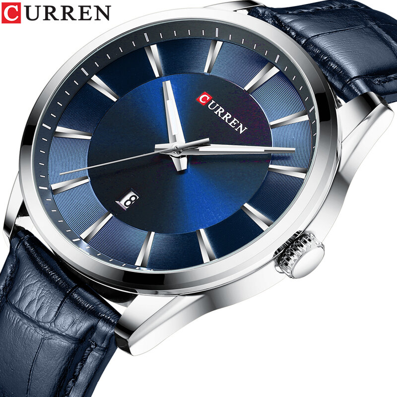 Curren relógio de pulso de couro masculino, relógio azul masculino de marca luxuosa de quartzo relógios casual para homens