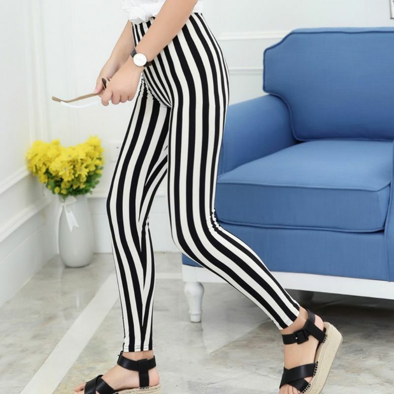 Womens Mid Rise Ankle Length Stretchy Leggings Black White Vertical Striped Print Sports Casual Capri Pants Elastic Tights