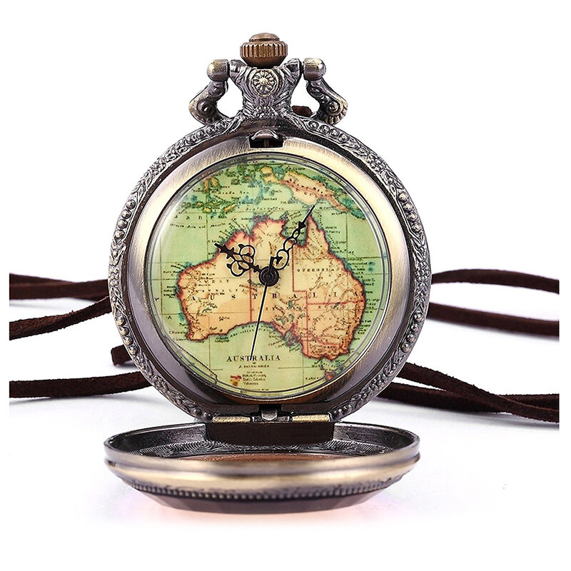 Australia Map Pocket Watch Analog Quartz Watch Bronze Chain Watch Unisex