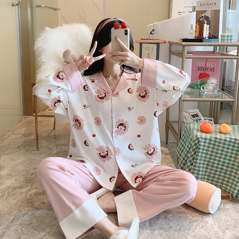 Caiyier algodão pijamas conjunto outono inverno manga longa pijamas meninas casaul pijamas terno feminino lazer dos desenhos animados homewear M-2XL