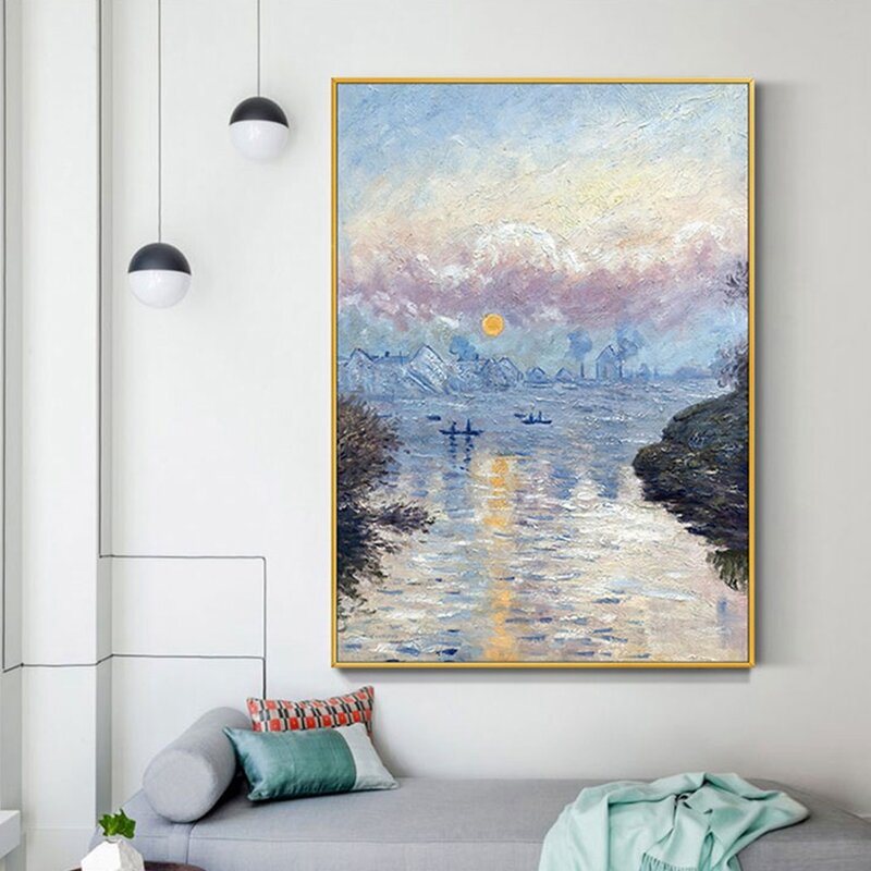 ภาพวาดสีน้ำมันมือทาสีบนผ้าใบสำเนา Monet Sunrise Monet ภาพวาดที่มีชื่อเสียง Living Room Wall Art ตกแต่งภาพวาดไม่มีก...