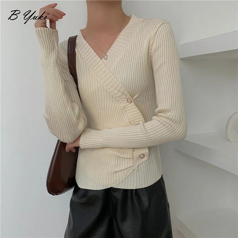 Blessyuki irregular com decote em v pullovers de malha camisola feminina casual vintage sólido botão blusas moda feminina fino jumper