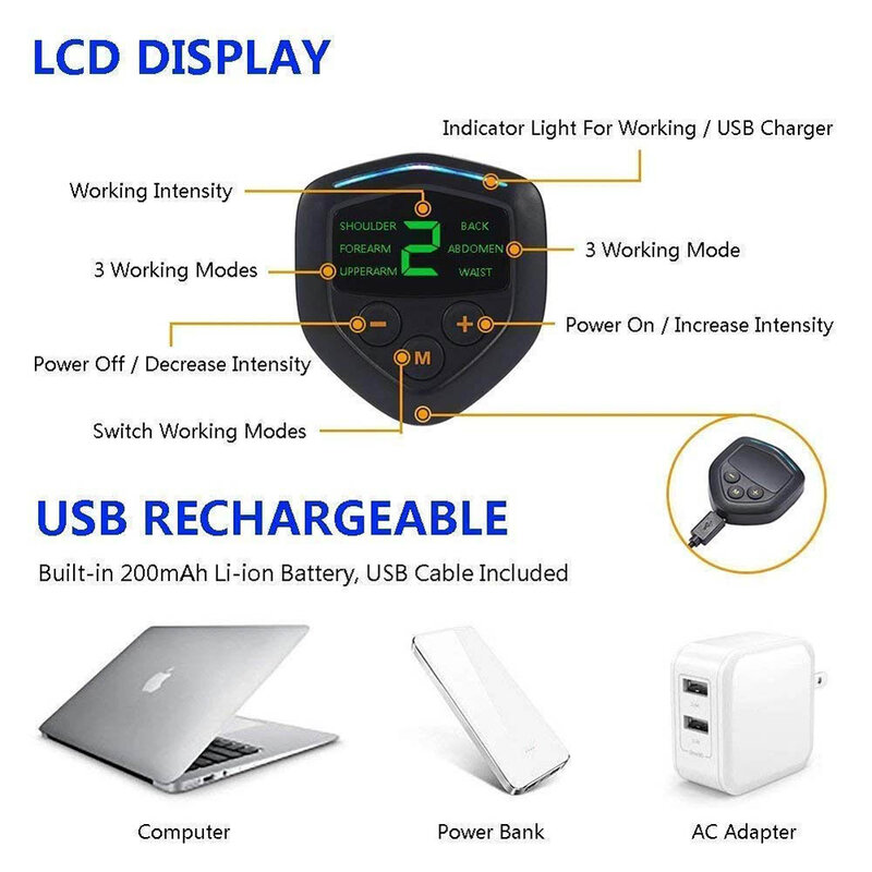 Stimolatore muscolare addominale EMS con Display LCD, elettrostimolazione della palestra domestica ricaricabile USB
