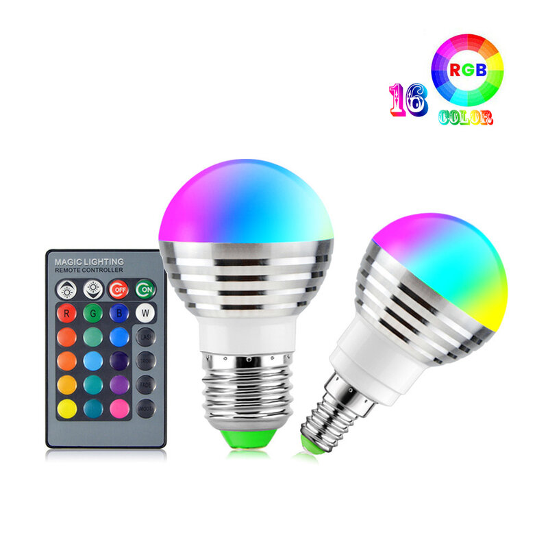 Controle inteligente lâmpada LED com controle remoto, lâmpada mágica, RGB regulável luz, Spotlight com 24 teclas, E27, E14, 16 mudança de cor