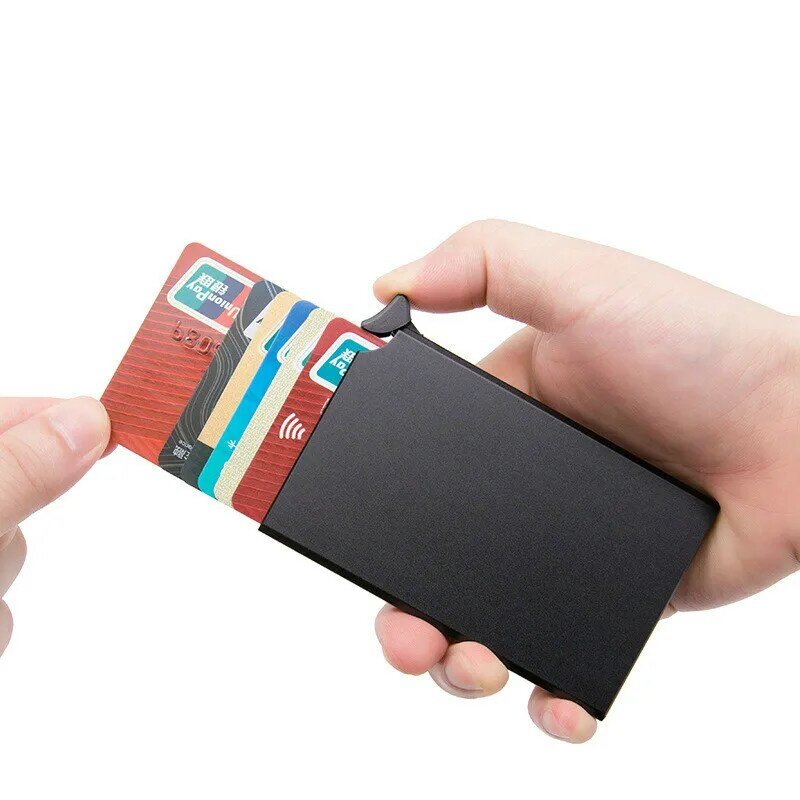 Zovyvol 2021 nowy Laser napis RFID Anti-Theft Auto Pop-Up metalowe wąskie etui na karty kredytowe inteligentny portfel na karty cienkie etui na dowód