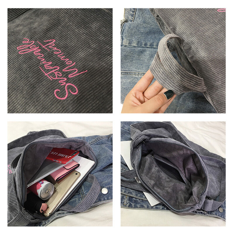 Frauen Cord Schulter & Umhängetaschen Weiblich Eco Tuch Handtasche Große Kapazität Zipper Totes Soft Stickerei Umhängetasche