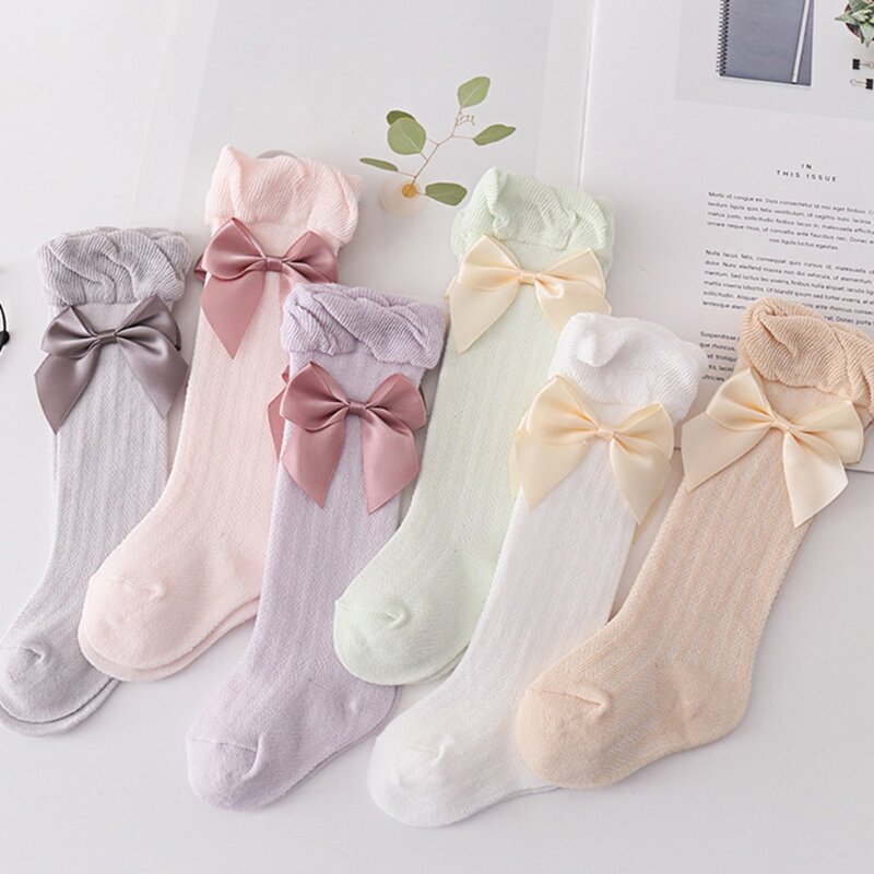 Chaussettes d'été pour nouveau-né fille, maille fine, Tube haut, nœud doux, couleur unie, anti-moustiques, coton au dessus du genou