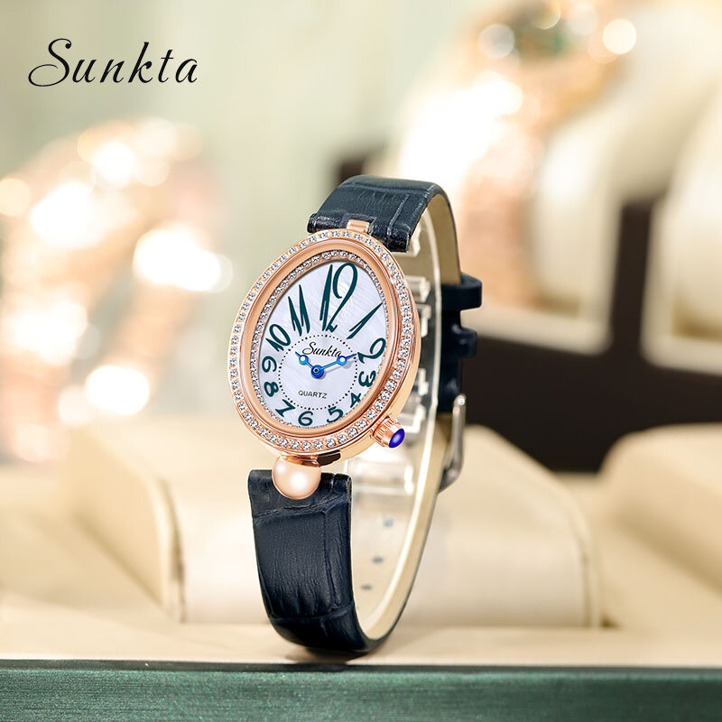 2021 lige marca sunkta relógios femininos moda senhoras de couro relógio de quartzo marca superior luxo dial simples ouro rosa relógios