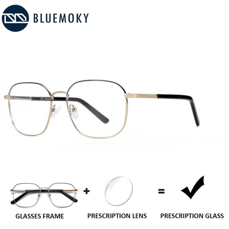 BLUEMOKY-남성용 금속 처방 안경, 사각형 광 변색 안티 블루 라이트 진행 안경 광학 근시 안경 프레임