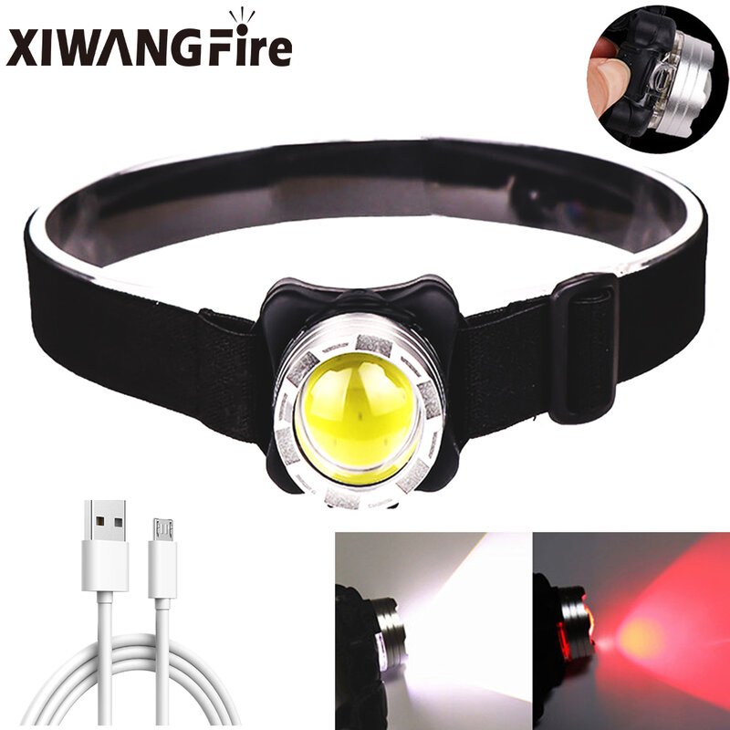 Mini lanterna de cabeça portátil, farol recarregável por usb, lanterna com bateria embutida, led vermelho/branco