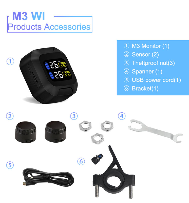 M3 Waterproof Motorcycle Real Time Tire Pressure Monitoring System TPMS Wireless LCD Display External Sensors