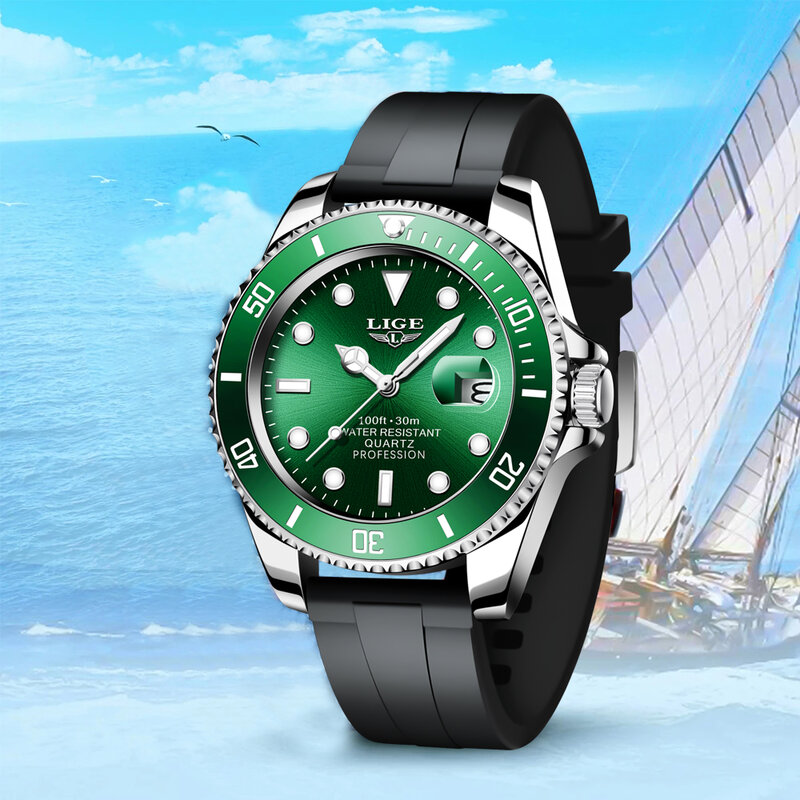 LIGE Men Watch Waterproof Luminous Top Brand Luxury Watches  Silicone Strap Quartz Wristwatch Spor for Men Relogio Masculino+Box