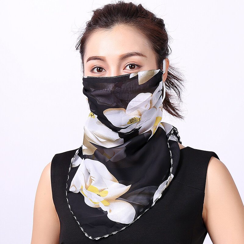 Женский шифоновый шарф для лица, Тонкая шелковая повязка на шею, Солнцезащитный чехол для лица, летние шарфы с цветочным принтом, бандана