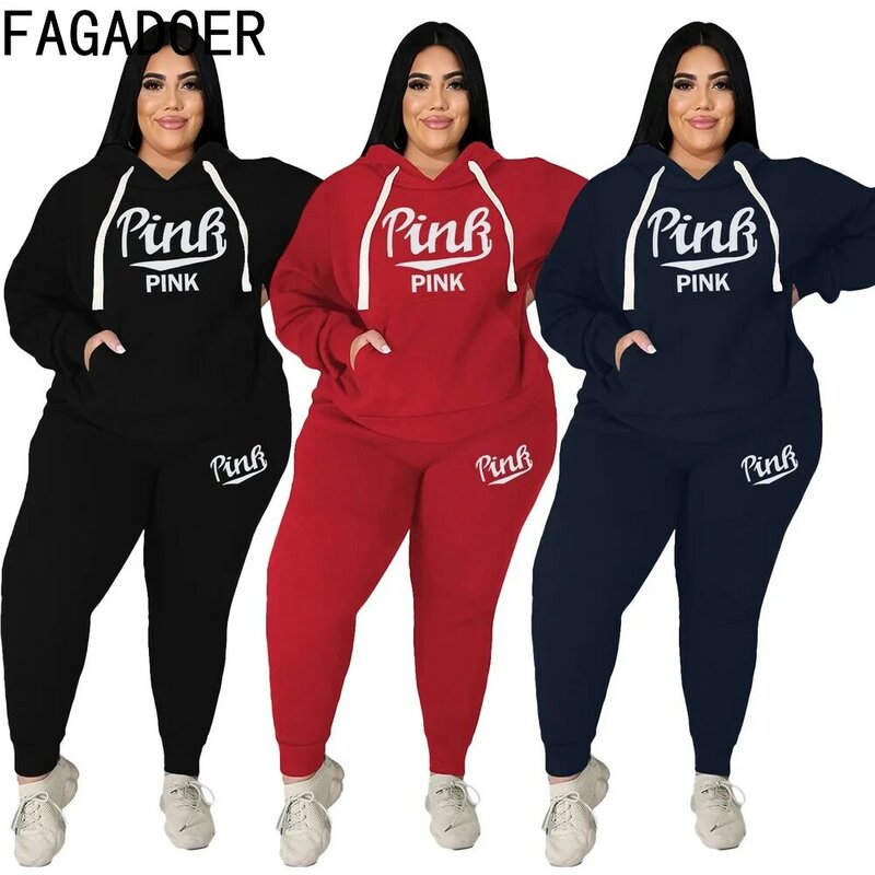 FAGADOER Plus Size Casual Sport Two Piece Sets XL-5XL Women Pink Letter Print Hooded Sweatshirt And Pants Tracksuit Outfits 2022