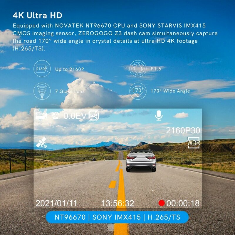 ZEROGOGO-minicámara DVR para coche Z3, cámara de salpicadero 4K, GPS, grabadora de vídeo Ultra HD 4K, supercondensador de visión nocturna CPL