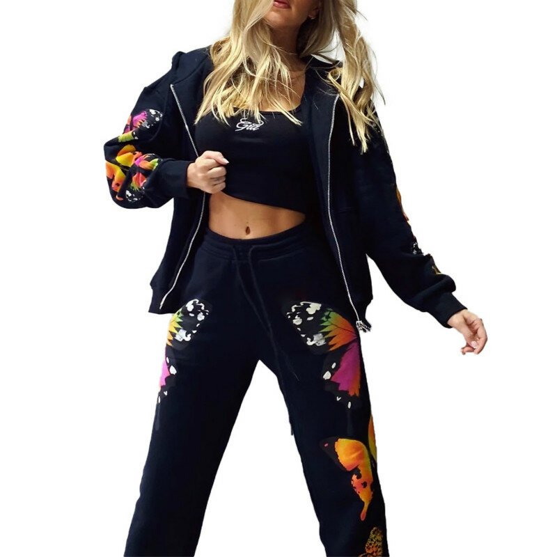 Two Piece Women Butterfly Print Hooded Sport Fitness Tracksuits Sets Autumn Winter Long Sleeve Loose Casual Set Hot Sale