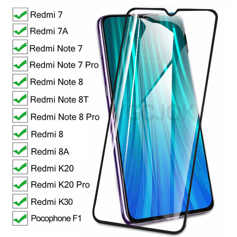 Vidrio protector completo 9D para Xiaomi Redmi 8, 7, 7A, 8A, K20, K30, Redmi Note 8, 8T, 7 Pro, Pocophone F1, película de vidrio templado