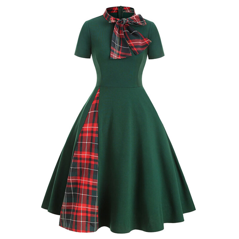 女性の市松模様のパッチワークサマードレス,ヴィンテージスタイルのカジュアルな半袖ドレス,ラウンドカラー,2021