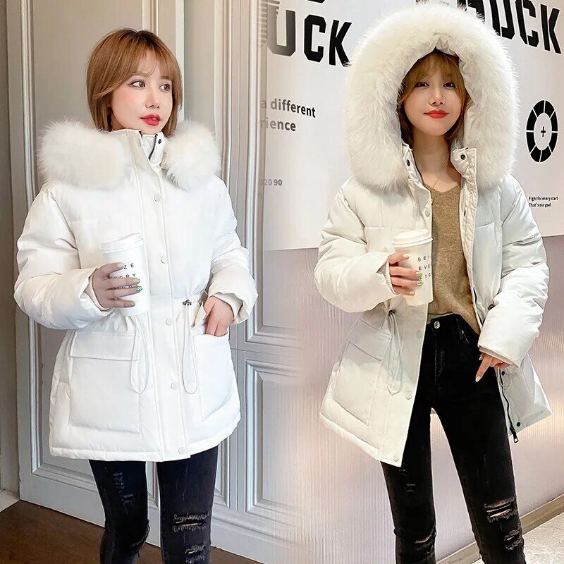Ropa de invierno para mujer, Chaqueta corta de cintura corta, Parka de estilo coreano, chaqueta acolchada con Cuello de piel grande, novedad de 2021