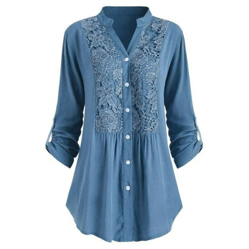 Camisa de manga larga con cuello levantado para mujer, Blusa holgada informal de Color liso con botones de encaje para primavera y otoño
