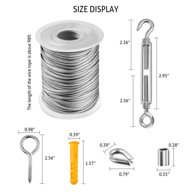 56pcs/set 30m Stainless Steel Retractable Clothesline Flexible  String Lights Hanging Wire Rope Mountaineering Tightener Kit