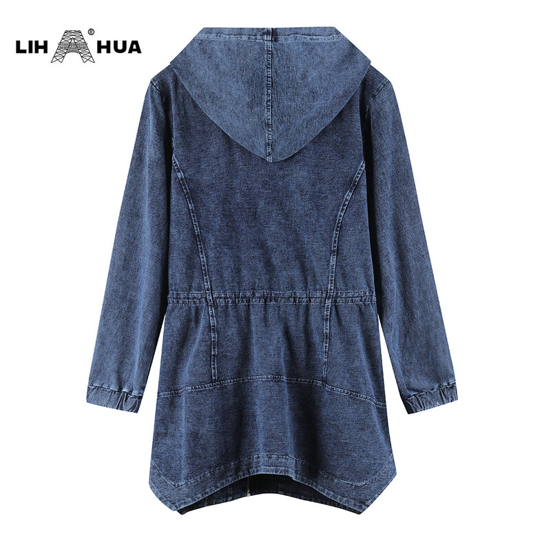 LIH HUA Women's Plus Size Denim Jacket Casual Fashion Denim Jacket Woman Premium Stretch Knitted Denim with shoulder pads