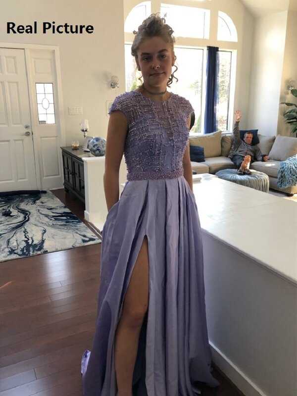 Lilac Long Prom Dresses 2020 with Slit Lace Beaded Cap Sleeve Satin Evening Formal Dress Plus Size Party Gowns Vestido De Festa