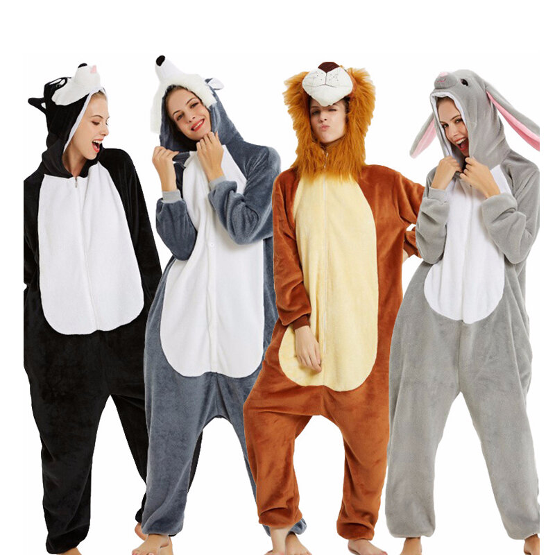 Animal Cospley Pajamas For Women Men Winter Flannel Unicorn Dog Panda Lion Onesie Pajamas Adult Halloween Jumpsuits Warm Sleepwe
