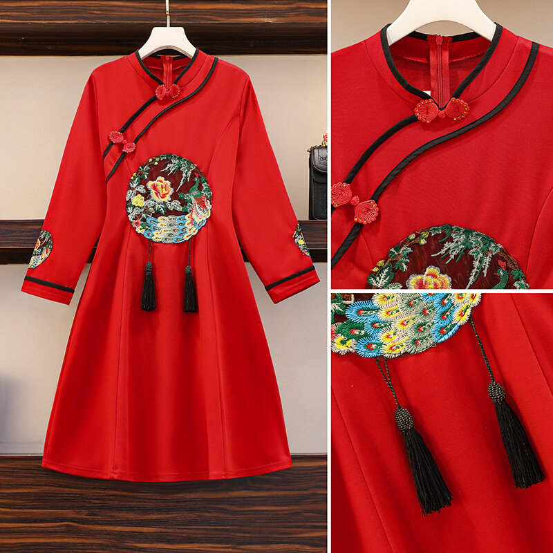 M-5XL Plus Size Women Vintage Cheongsam Dresse Spring 2021 Long Sleeve Chinese Peacock Embroidery Tassel Ladies A-Line Dress Red