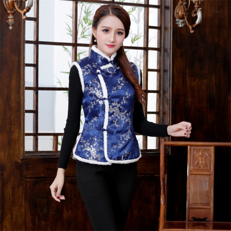 New Year Women Chinese Style Qipao Tang Suit Thicken Velvet Vest Traditional Evening Party Wedding Cheongsam Retro Satin Dress