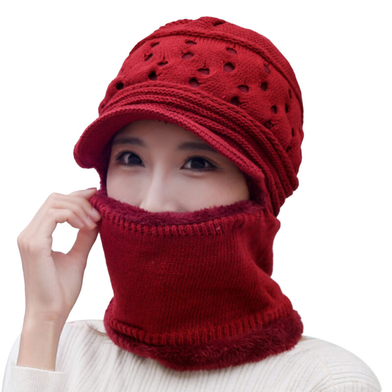 Ladies Winter Warm Rope Needle Plush Lining Warm Windproof Full Cover Drawstring Earmuffs Hooded Scarf