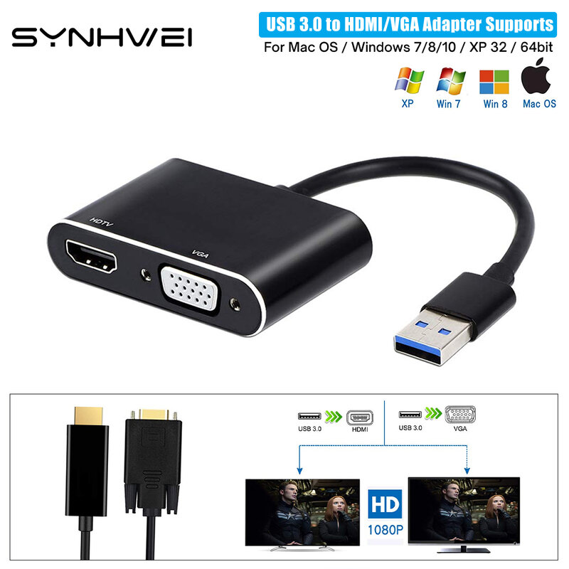 Hub USB 3.0 vers HDMI, adaptateur VGA, 2 en 1, 1080P, multi-affichage, convertisseur pour Windows 7/8/10, accessoires PC