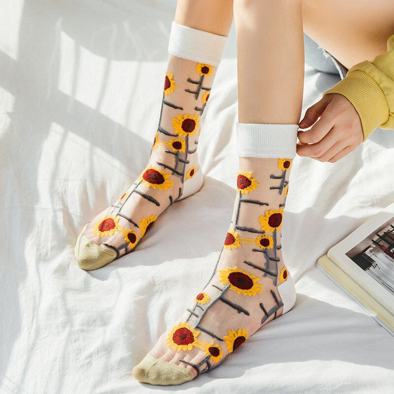 Hot Tide – chaussettes de cheville en soie et cristal pour filles, style Harajuku créatif, Transparent, mignon, chat, tournesols, pour femmes
