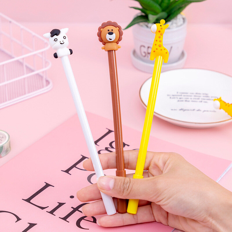3Pcs / Set Kawaii Lion Calf Giraffe Animal Gel Pen Black 0.5mm Student Gel Ink Pens School Office Cute Stationery Supplies Gift
