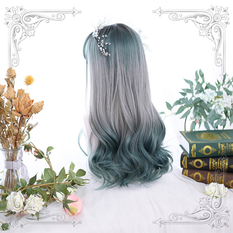 Lolita-Peluca de pelo largo y rizado para fiesta de Cosplay, pelo largo con flequillo de aire, color verde oscuro, de alta calidad, teñido gris, cambio Gradual