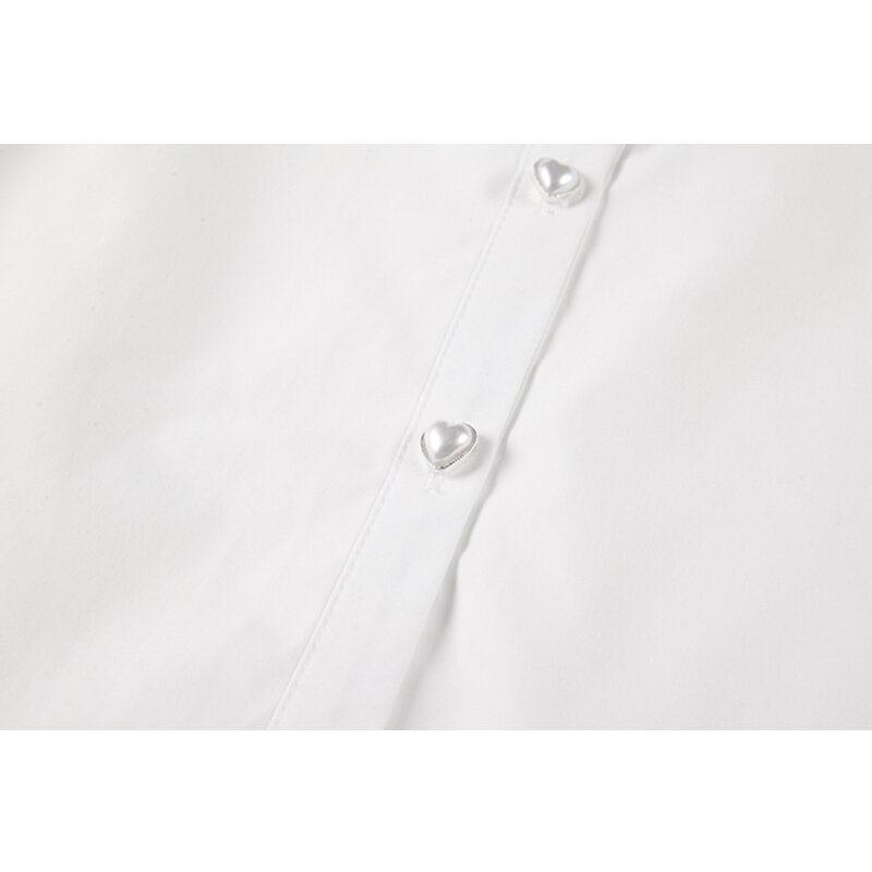 Camisa blanca con volantes de doble capa para mujer, blusa decorativa de manga larga con hebilla de perla estilo Retro para primavera y otoño