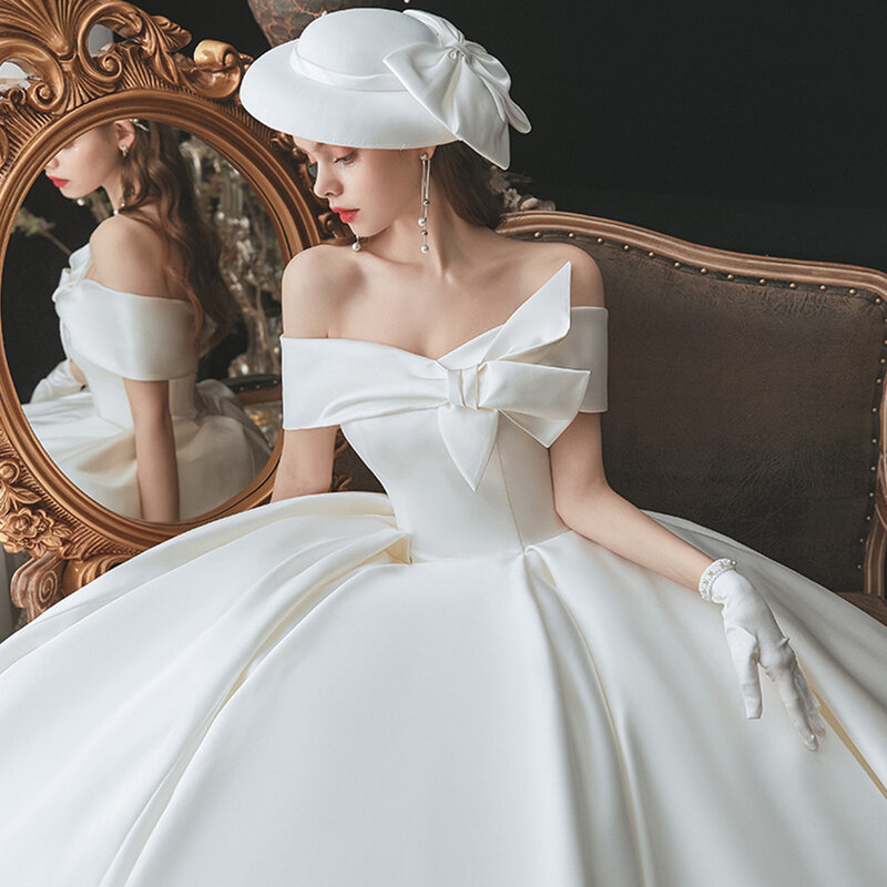 Jubah De Mariage gaun pesta Satin gaun pengantin dari bahu sederhana Hochzeitskleid renda belakang sukienna Na Wesele Gelinlik
