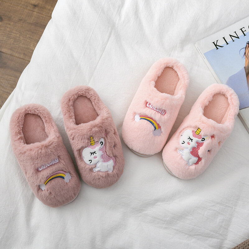 Children's Cotton Slippers Winter Boy Girl Slippers 2020 New Warm Cute Indoor Non-slip Cartoon Candy Color Unicorn Slippers