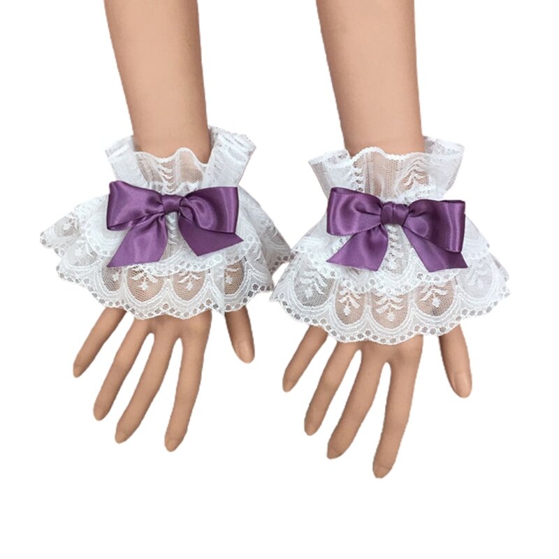 Puños de muñeca de manga de mano Lolita para mujer, brazalete de encaje con volantes, lazo, Cosplay, para boda, fiesta de graduación, disfraz