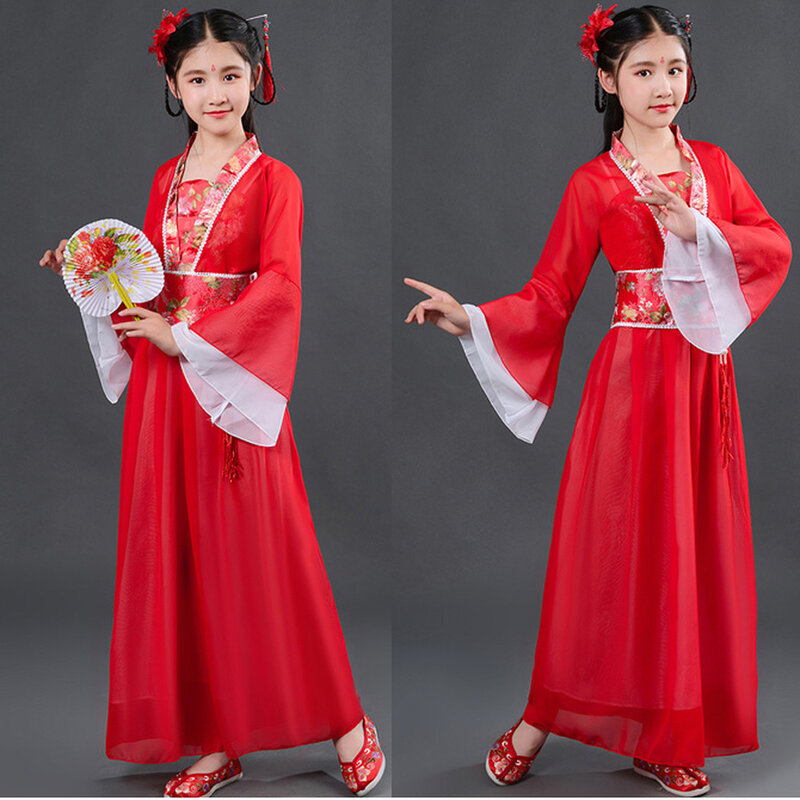 Roupas de verão tradicionais chineses, roupas para meninas, fadas, rosa, hanfu, para performance de palco, vestido de fadas, crianças