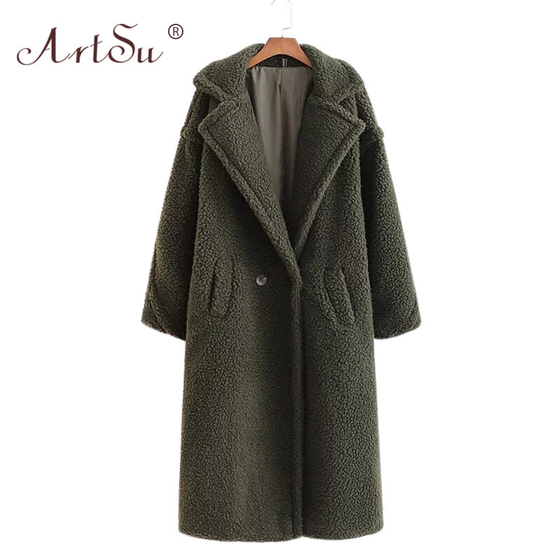 ArtSu 12 Color Fashion Women Winter Teddy Bear Coat Warm Long Sleeve Loose Lambswool Long Coat Christmas Faux Fur Teddy Coat