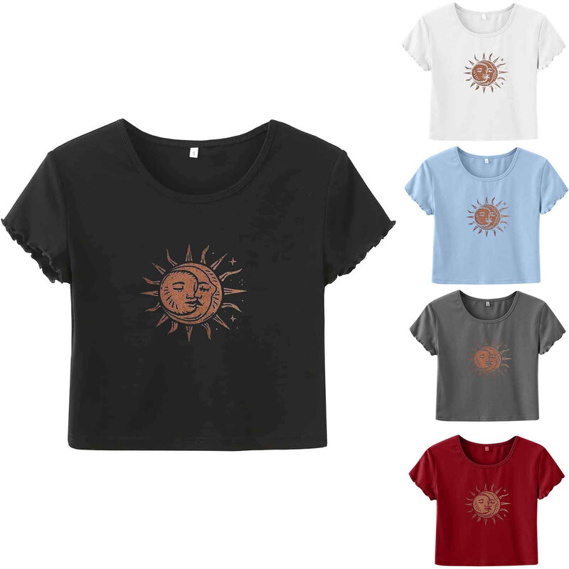 Top Sexy moda donna 2021 Summer Sun Moon Print Navel T-shirt manica corta girocollo Top