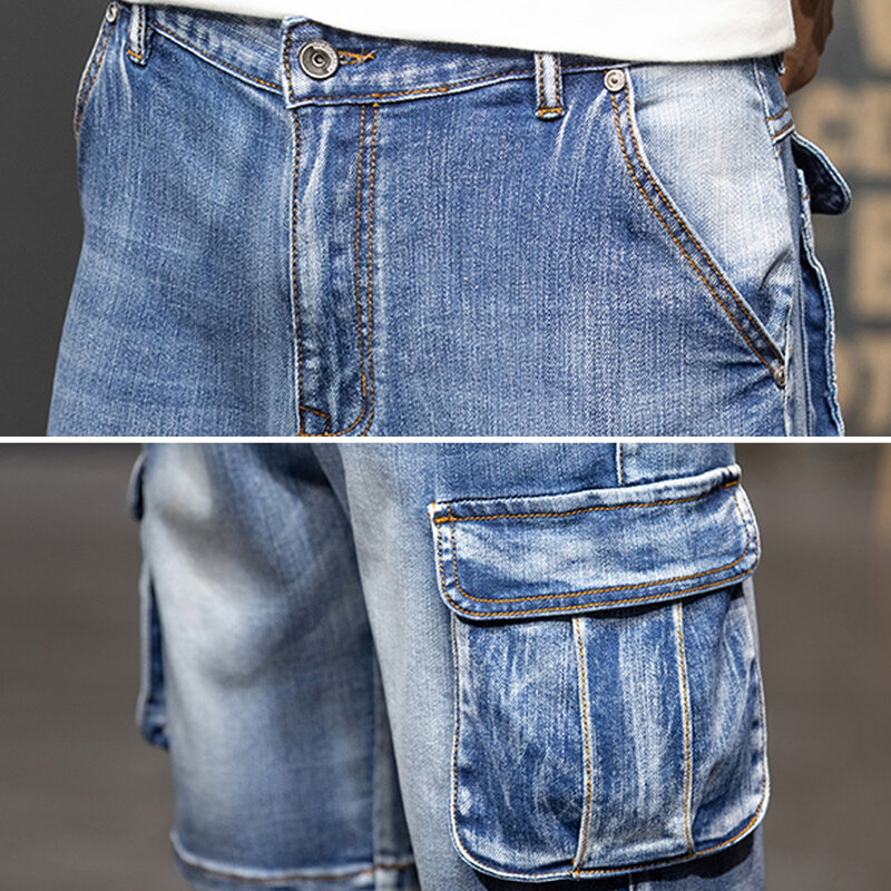 Zomer Mannen Denim Shorts Klassieke Multi Pockets Stretch Slim Comfort Jeans Cargo Ademend Plus Size 44 Pantalones Hombre Licht