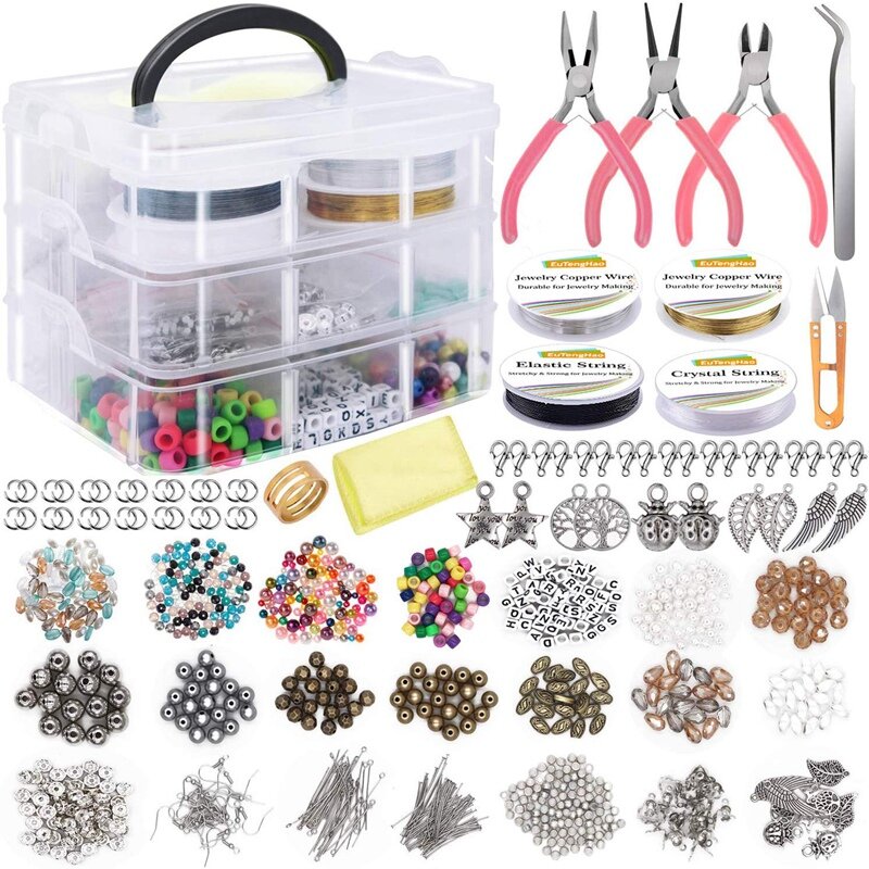 Kit de herramientas para hacer joyería, incluye cuentas de alambre para pulsera y perlas, cuentas espaciadoras de joyería, alicates