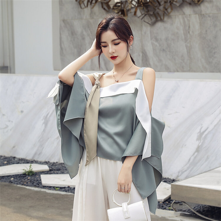 Colorfaith New 2020 Women Summer Blouses Shirts Vintage Fashionable Irregular Casual Off Shoulder Patchwork Loose Tops BL9144