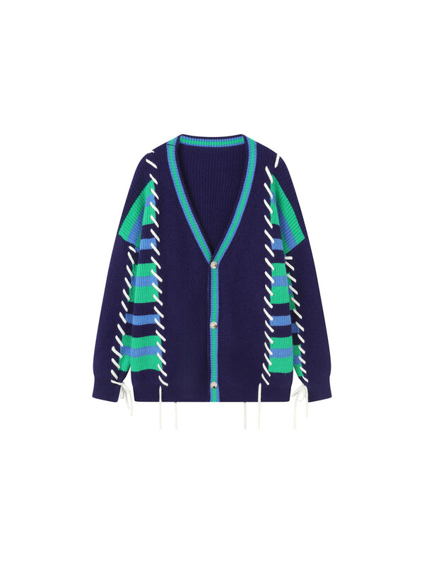Nova cor casual correspondência camisola casaco feminino outono e inverno contraste listra solto design preguiçoso decote em v malha cardigan