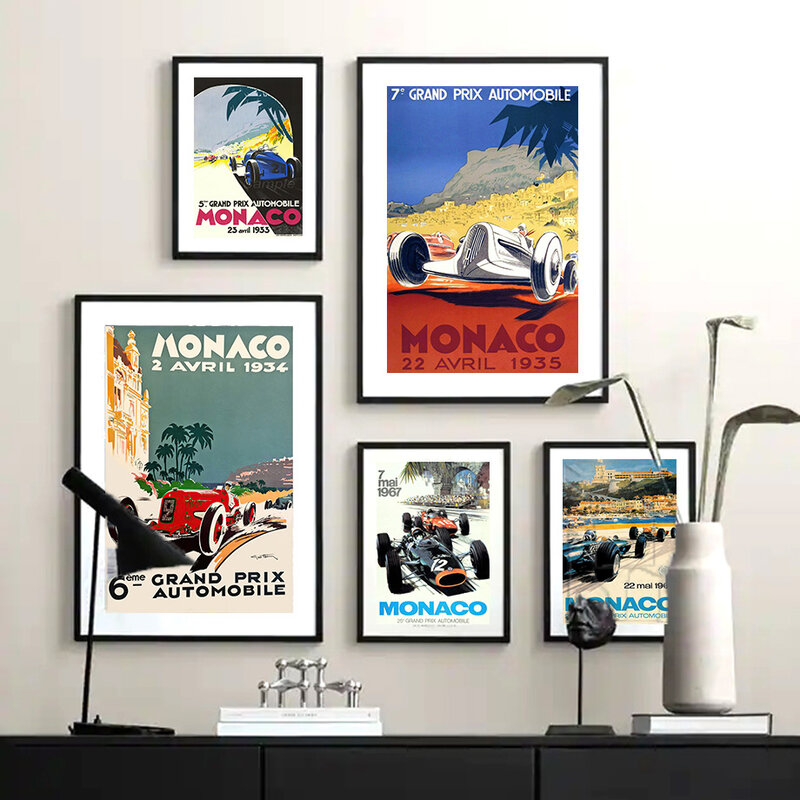 Formuła 1 wyścigi samochodowe Monaco Grand Prix Vintage obraz ścienny na płótnie plakat skandynawski drukuj zdjęcia ścienny do wystrój salonu